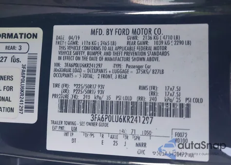 2019 Ford Fusion Hybrid Se from USA, damaged, VIN 3FA6P0LU6KR241297